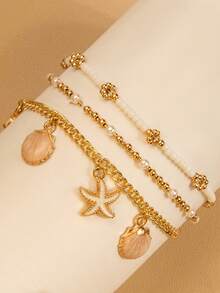 Set de 3 piezas de accesorios de joyería de tobillera de acero inoxidable de estilo casual y de moda para chicas de playa - Tobillera de tres capas - Ver 2