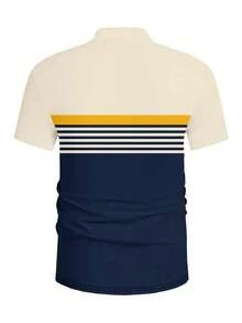 100% 涤纶条纹 Polo 衫 - 男士休闲常规款，略带弹性 - 纽扣领。这款 100% 涤纶条纹 Polo 衫 - 男士休闲常规款，轻盈透气，适合户外旅行和日常穿着。