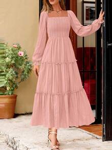 PRETTYGARDEN Women Elegant  Maxi Dresses For Fall Boho Long Sleeve Smocked A Line Ruffle  Wedding Guest Holiday Party Long Dress With Pockets New Years Valentine Vacation Spring Dresses For Women Vestidos Elegantes De Mujer - 粉色 - 查看 5