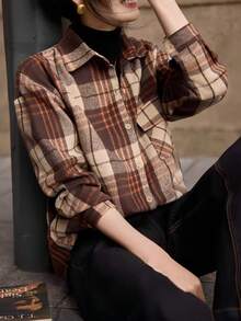 Vintage Brushed Thickened Layered Plaid Shirt, Long Sleeve Top For Spring & Autumn