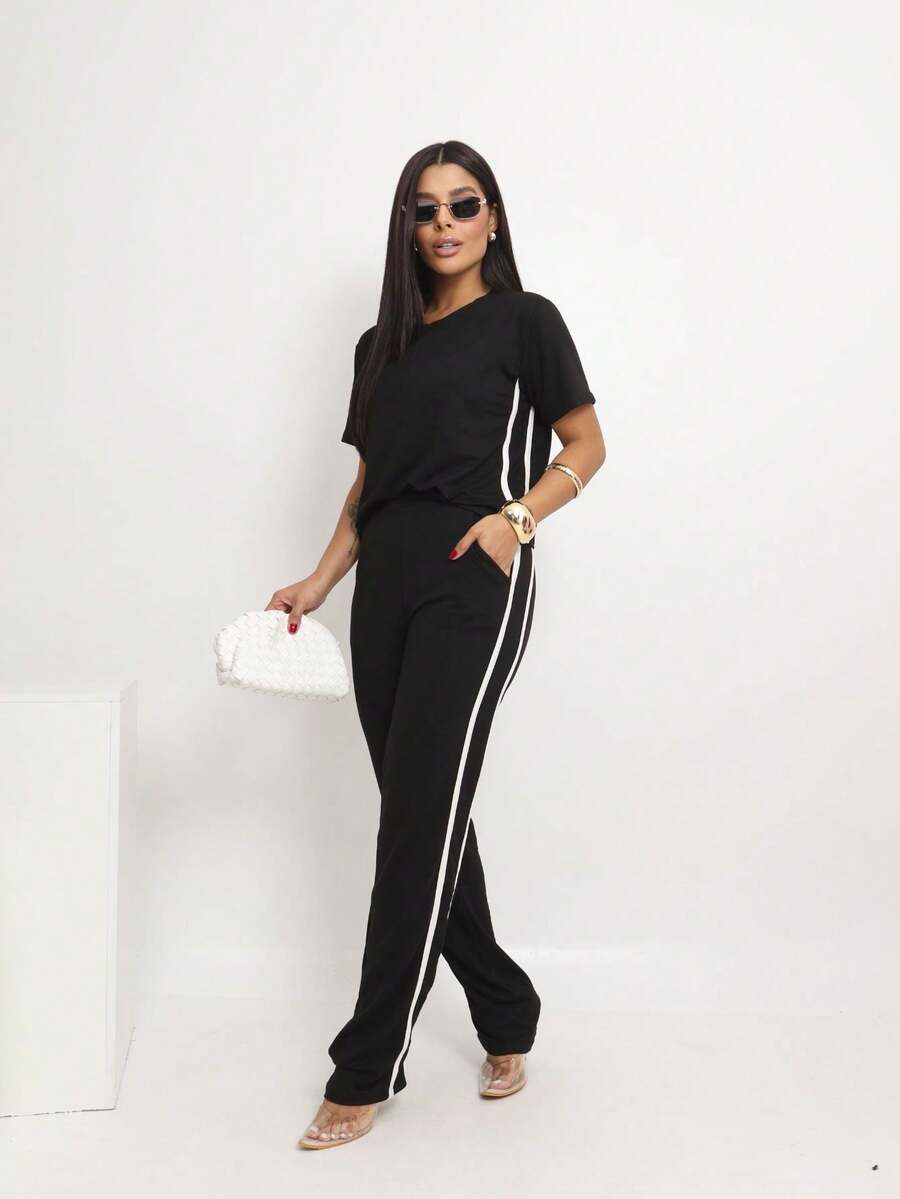 Premium Sweatsuit Casual Set With Wide Casual Pants And Side Stripe - 黑色 - 查看 1