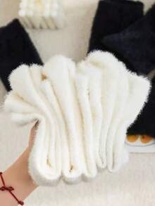 Couple's Mink Fleece Socks, Mid-Calf, Autumn/Winter, Thick Plush, Black & White, Elastic & Skin-Friendly, Comfortable House Socks