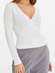 Womens Tie Side Tops Long Sleeve Deep V Neck Solid Color Slim Fit T-Shirts Workout Blouses - White - View 4