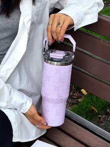 1pc 30oz Cute Bow Pattern Double Wall Stainless Steel Insulated Tumbler, Flat Bottom Cup, Coffee Cup, Car Cup, Water Bottle, Outdoor Mug, Tea Cup, Vacuum Flask, Designed With Straight Drinking Lid And Straw Lid, Suitable For Outdoor, Office, Home, School, Car, Gym, Travel, Birthday Gift, Holiday Gift, Mother's Day Gift, Father's Day Gift, Back To School, Valentine's Day Gift