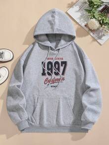 Sudadera de estilo Y2K con estampado numérico para mujer talla grande - de manga larga con bolsillos, para todas las estaciones - Gris Claro - Ver 4