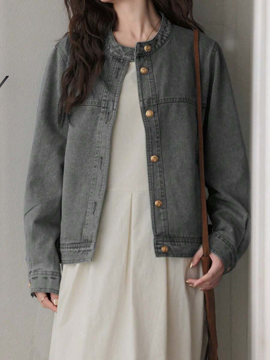 休闲洗水破洞牛仔夹克，适合春秋季节 - 灰色 - 查看 1