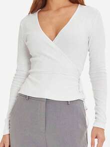 Womens Tie Side Tops Long Sleeve Deep V Neck Solid Color Slim Fit T-Shirts Workout Blouses - White - View 1