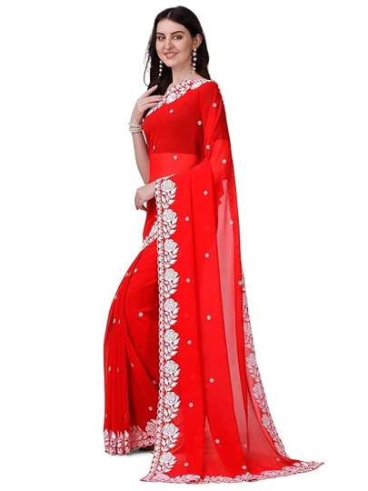 Women's Georgette Embroidery Border Work Designer Saree With Blouse Piece(Red)