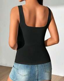Women's Square Neckline Straight Suplex Tank Top - Black - View 2