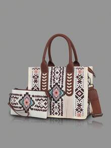 2pcs Bohemian Vintage Set Including Women Tote Bag, Handbag And Wallet - Beige - View 8
