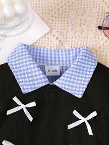 3件套女婴休闲套装，格子长袖衬衫搭配马甲外套和喇叭裤，适合日常休闲和户外穿着，夏季 - 藍色 - 查看 4