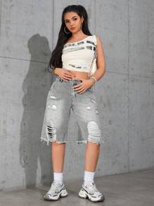 Women's Washed Ombre Distressed Loose Denim Bermuda Shorts - Grey - View 4