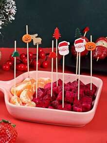 A Pack Of 100 (13cm/5.12 Inches) Showcasing Charming And Quirky Santa Claus Disposable Fruit Stick Decorations, Perfect For Use In Restaurants, Bars, Parties, Desserts, Cakes, Cocktails, And Fruit Displays. - Multicolor - View 2