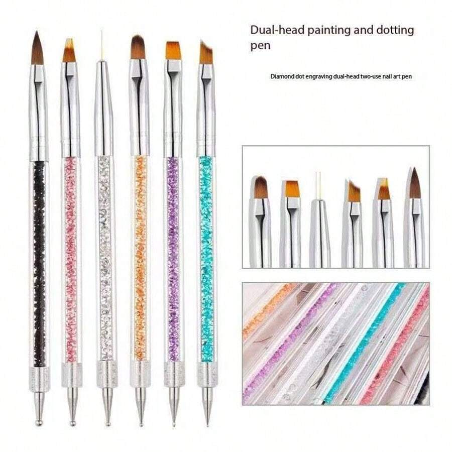Juego de 6 piezas de bolígrafos de arte de uñas de doble cabeza, bolígrafos de perforación de puntos y línea de tracción, bolígrafos de pico plano de fototerapia, herramientas de arte de uñas de línea de gancho, productos para uñas, accesorios para uñas