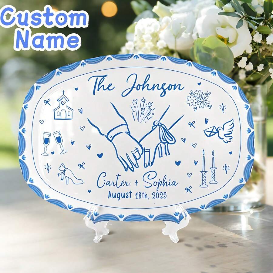 Regalo de aniversario de boda, plato de bandeja de boda, regalo de boda para la novia y el novio, regalo para recién casados, regalo de compromiso, regalo de despedida de soltera con nombre - Multicolor - Ver 1