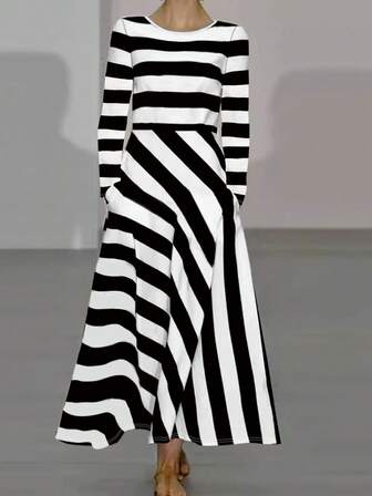 여성스러운 캐주얼한 휴가 스타일의 슬림핏 드레스, 외출, 집, 여행 및 업무에 버서타일로 활용 가능, 블랙 앤 화이트 스트라이프 미니멀리스트 디자인, 포켓이 있는 고품질 원단, 긴 소매, 가벼운 무게, 가을/겨울