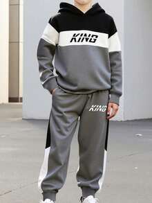 2pcs Boys King Letter Print Hooded Sweatshirt And Pants Set, Long Sleeve Top And Casual Sports Trousers, Fashion Sportswear For Tween Boys