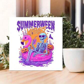 Placa decorativa y letreros con vibras de Summerween, flotador de esqueleto divertido para decoración de oficina de Halloween en verano, flamenco espeluznante, fantasma de la piscina, calabazas para decoración de escritorio espeluznante, decoración de habitación bohemia, decoración del hogar única y decoración de la sala de estar