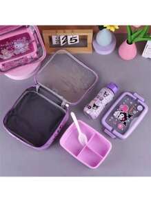 Sanrio Hello Kitty & Friends 三件套保温午餐套装，包括便当盒、手提袋和水壶，紫色，随机印花，适合上学、上班、露营和野餐。