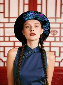 BREITER 1 件女式 Y2K 复古哥特式女巫帽,黑色印花涤纶毡帽,带有精致五角星和蕾丝花边,适合万圣节、圣诞节、化妆舞会、节日礼物 - 平簷禮帽 - 查看 14