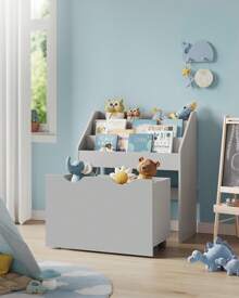 SONGMICS Kids Bookshelf And Toy Organiser, Toy Storage Chest And Bookcase With 3 Shelves, Storage Box With Wheels, Multipurpose, For Children's Room And Playroom, Grey