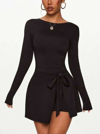 Vestido deportivo de verano para mujer, ajuste ceñido sin costuras y antiflash, falda de tenis sexy con abertura y lazo en la espalda en forma de U