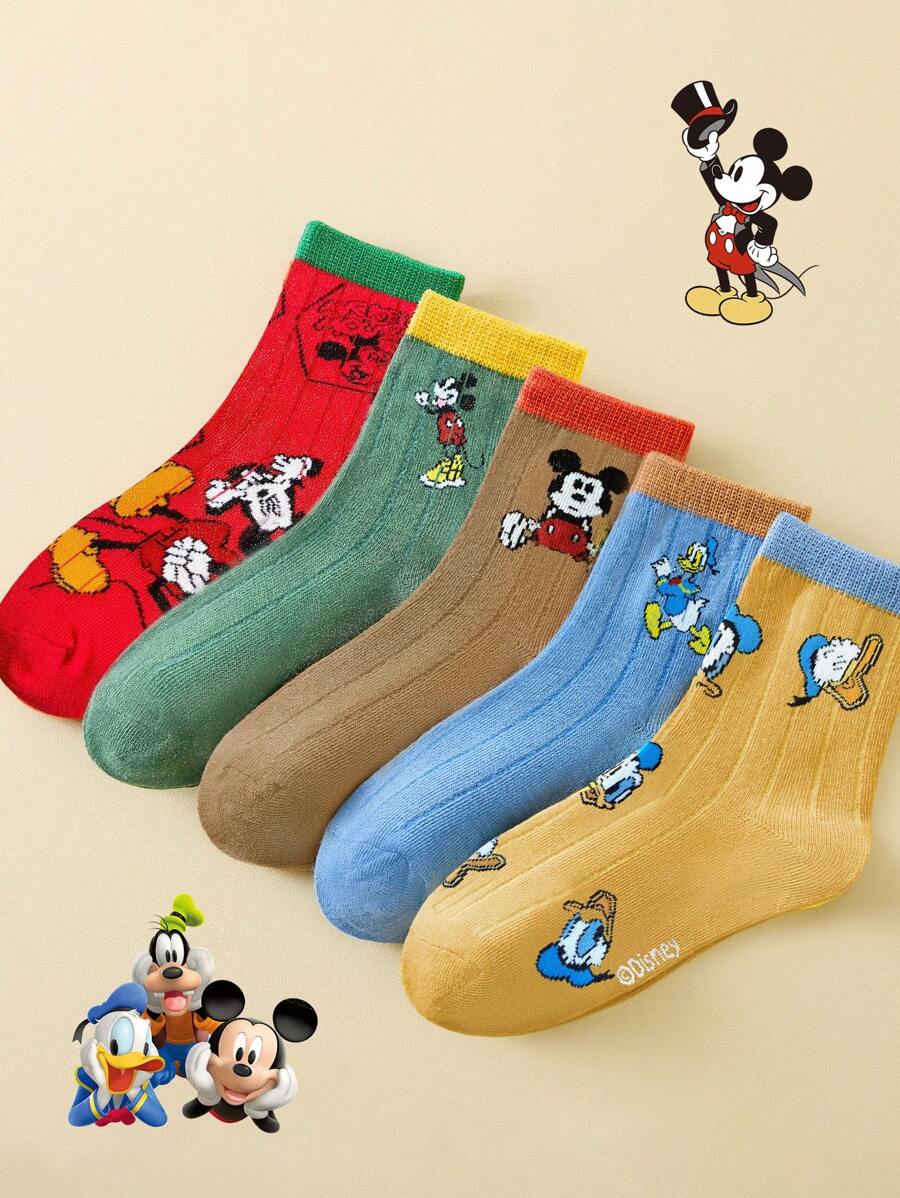 Disney 5双复古主题儿童袜子，男童卡通风格中筒袜，女童透气短袜 - 彩色 - 查看 1