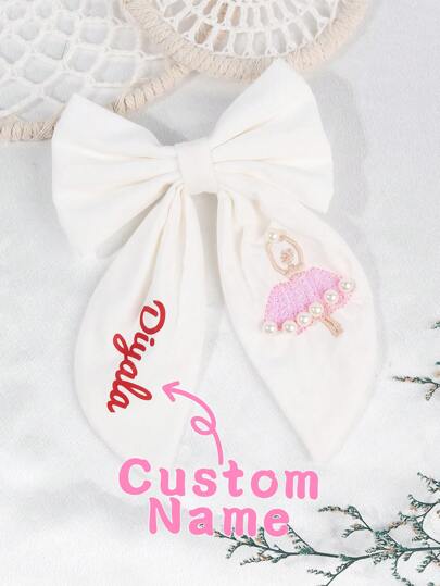 1pc Custom Name Ballet Girls Embroidered Hair Bow For Girls Elegant Pearls Bow Alligator Clip Cute Sweet Personalized Hair Clip White Customized Barrettes Princess Custom Text Hairpin Kids Hair Accessory