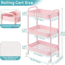 Back To School 3-Tier Metal Rolling Cart With Wheels Pink Student Dormitory Snack Study Tool Storage Cart With Handle And Lockable Universal Wheel Dormitory Must Have Artifact Kitchen Office Organizer Racks - Pink - View 9