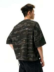 INFLATION 2025春夏新款宽松迷彩T恤，美式街头风格，男士纯棉短袖T恤，2000年代风格 - 深灰色 - 查看 6