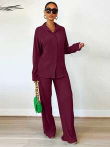 2pcs Women's Fashionable Pleated Shirt And Comfortable Wide-Leg Pants Set, Casual, Ladies Spring/Fall Casual Pocket, Zipper Long Sleeve Loose Blouse Pants Women Two-Piece Outfits, Casual Daily Wear - 酒紅色 - 查看 1