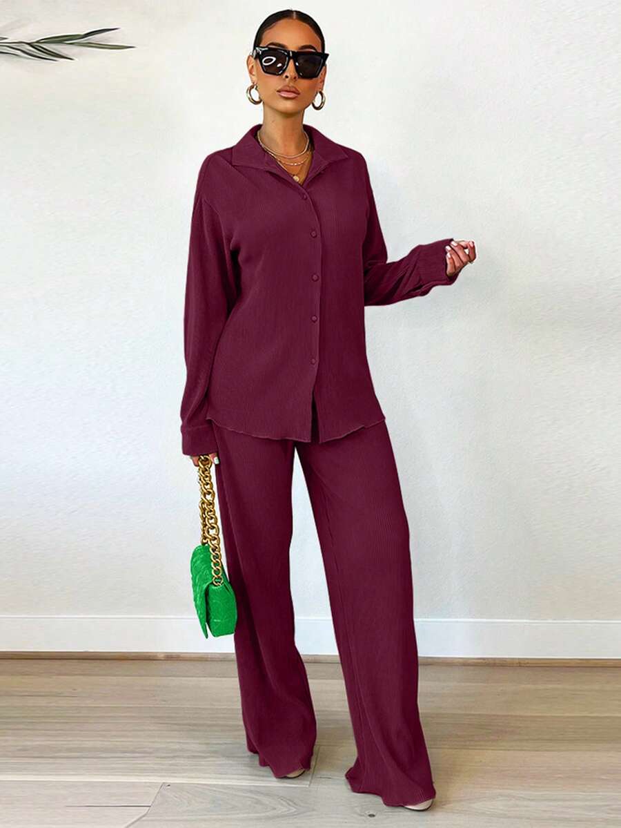 2pcs Women's Fashionable Pleated Shirt And Comfortable Wide-Leg Pants Set, Casual, Ladies Spring/Fall Casual Pocket, Zipper Long Sleeve Loose Blouse Pants Women Two-Piece Outfits, Casual Daily Wear - 酒紅色 - 查看 1