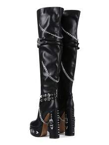 Women's Thick Sole Chunky Heel Lace-Up Rivet Decor Over-The-Knee Boots, Suitable For Daily Shopping And Winter Gatherings
