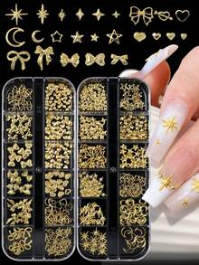 2盒美甲裝飾品，金色金屬鉚釘，鏤空愛心與蝴蝶結設計，月亮、星星，適用於DIY美甲與珠寶製作，打造日系風格美甲，含無香精美甲鉚釘配件 - 金色 - 查看 1