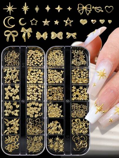 2 Boxes Nail Art Charms, Featuring Golden Metal Rivets, With Hollow Heart And Bow Designs, Moon, Star, For Diy Nail Decoration And Jewelry Crafting, For A Japanese-Style Manicure, And Includes Unscented Nail Rivet Accessories. Nail Supplies Nails Nail Gems