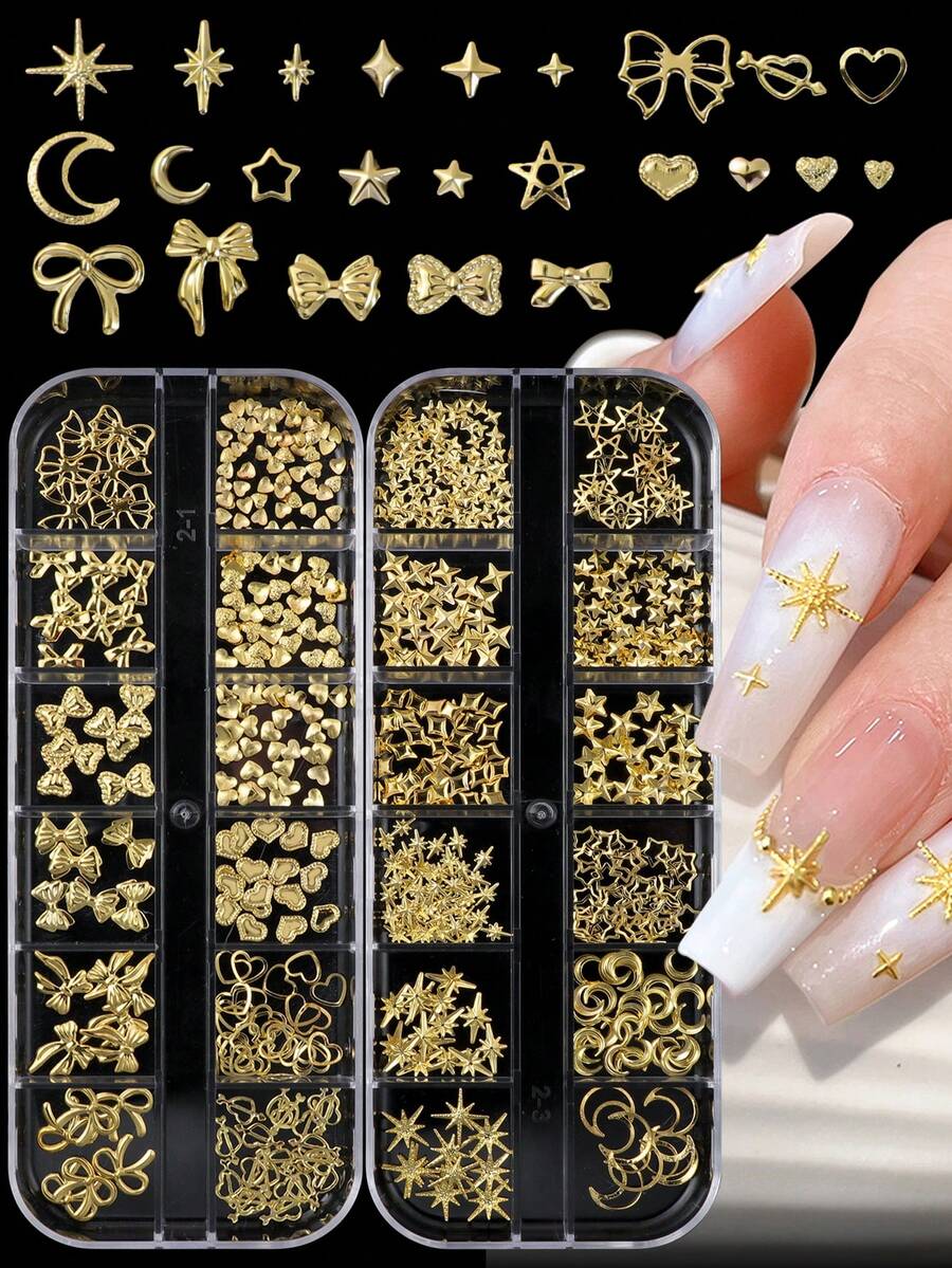 2盒美甲裝飾品,金色金屬鉚釘,鏤空愛心與蝴蝶結設計,月亮、星星,適用於DIY美甲與珠寶製作,打造日系風格美甲,含無香精美甲鉚釘配件 - 金色 - 查看 1