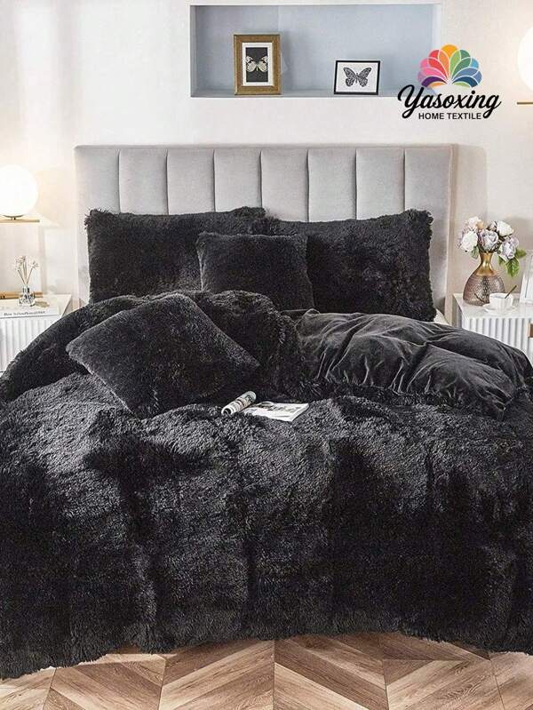 3 piezas Juego de ropa de cama negro esponjoso y cálido: 1 Funda nórdica de piel sintética esponjosa + 2 Fundas de almohada. Juego de ropa de cama de terciopelo de cristal bohemio para dormitorio y habitación de invitados en tamaños king, queen, full y twin
