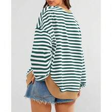 Womens Oversized Striped Sweatshirt Crewneck Long Sleeve Pullover Top Casual Y2K Spring Clothes 2026 Workout Shirt,Vacation Outfits Women,Valentine Outfits For Women,Street Photography - Green White - 查看 2