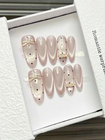 10片手工椭圆形亚克力美甲贴片，短款长款可选，简约浅粉色闪亮猫眼美甲，亮片边缘，手绘波点，3D蝴蝶结珍珠镶嵌美甲宝石，简约优雅奢华手工秋季美甲，秋季美甲贴片，婚礼美学，百搭美甲DIY假指甲，派对日常及约会适用，海滩热带度假风，可重复使用，适合女性和女孩作为礼物，美甲用品，手工美甲贴片