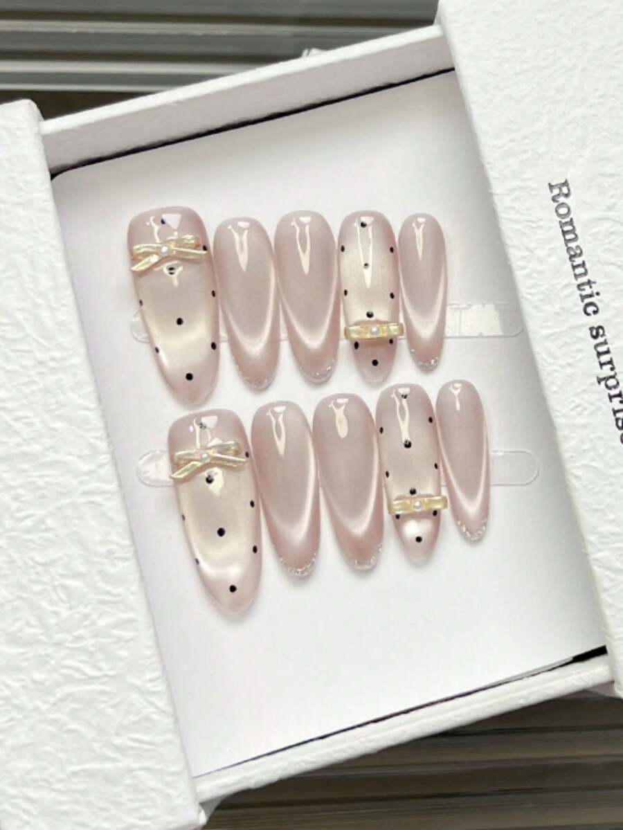 10 Peças Unhas Feitas à Mão Ovais, Unhas Acrílicas Postiças Curtas e Longas, Minimalismo Unhas Rosa Claro Olho de Gato Brilhante, Borda Glitter, Poá Pintado à Mão, Gemas de Unha 3D Laço de Pérola Embutido, Unhas de Outono Simples Elegantes e Luxuosas, Feitas à Mão, Unhas Postiças para Casamento, Uso Versátil DIY Unhas Falsas para Festa, Uso Diário e Encontros, Praia e Férias Tropicais, Reutilizáveis, para Mulheres e Meninas como Presente, Suprimentos de Unhas Feitos à Mão - Rosa chiclete - Visão 1