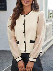 Womens Sheer Mesh Cardigan Puff Sleeve Color Block Button Sweater Dressy Knit Top