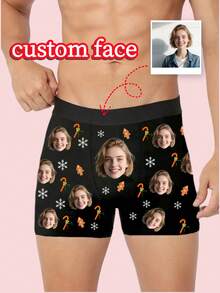 1pc Customized Men's Briefs - Personalized Face & Christmas Candy Cane Snowflake Pattern, Customized Men's Underwear | Top Birthday/Anniversary Gift, Ideal Boyfriend Gift, Customizable Item, Men's Briefs, Men's Gift, Christmas Gift, Adult Christmas Stocking Stuffer, Thanksgiving, Thoughtful Versatile Gift, Perfect For Boyfriend - Multicolor - View 1