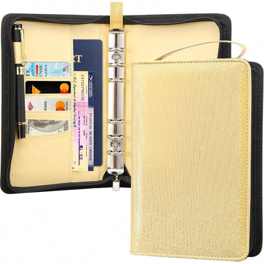 ASEW A6 Budget Binder With Zipper 6 Ring Refillable Planner Binder Cover For A6 Cash Budget System PU Leather Personal Organizer Personal Wallet Binder Glitter Gold