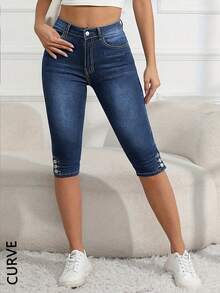 Women's Mid Rise Denim Captcha Pants With Button Zipper Closure, Slit And Buckle Design, Elastic Tight Jeans - 深色水洗藍 - 查看 2
