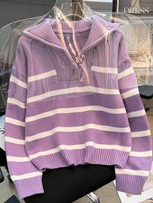 全新秋冬季女士条纹高领毛衣拉链休闲简约套头衫 - 紫色 - 查看 3
