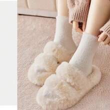 Couple's Mink Fleece Socks, Mid-Calf, Autumn/Winter, Thick Plush, Black & White, Elastic & Skin-Friendly, Comfortable House Socks
