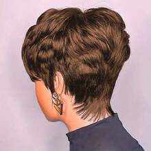 4# Brown Chocolate Short Wig, Real Human Hair Elf Short Wig, Suitable For Women, Bobbi Boss Wig, 4# Brown Straight Short Wig, Suitable For Women, Real Human Hair Layered Elf Short Wig With Bangs, Real Human Hair Short Wig, Glueless Lace-Free Front Wig, Full Machine Weft Layered Wig, Suitable For Valentine's Day And Daily Wear - 棕色 - 查看 4