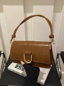 Retro Solid Colored Square Shoulder Bag All Matching Flap Armpit Purse Women's Simplest Armpit Bag, New Year's Ideal Gift, Women's Fashion Business Casual Bag, Office, Business And Work Perfect - Brown - View 9