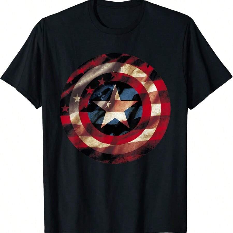 Marvels Comics Captain Americas Graphic Flag Fill Shield T-Shirt - 黑色 - 查看 1