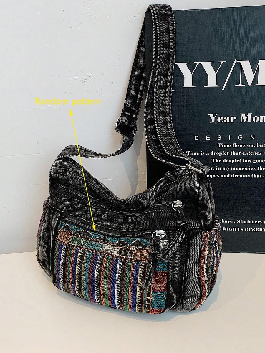 Túi đeo chéo nhiều lớp bằng vải jeans mềm mại, phong cách thường ngày, với nhiều ngăn, đa năng, dung tích lớn, phù hợp cho công sở, đi làm, mua sắm và du lịch, hoàn hảo cho phong cách "cô nàng cao bồi". - màu đen - Xem 1
